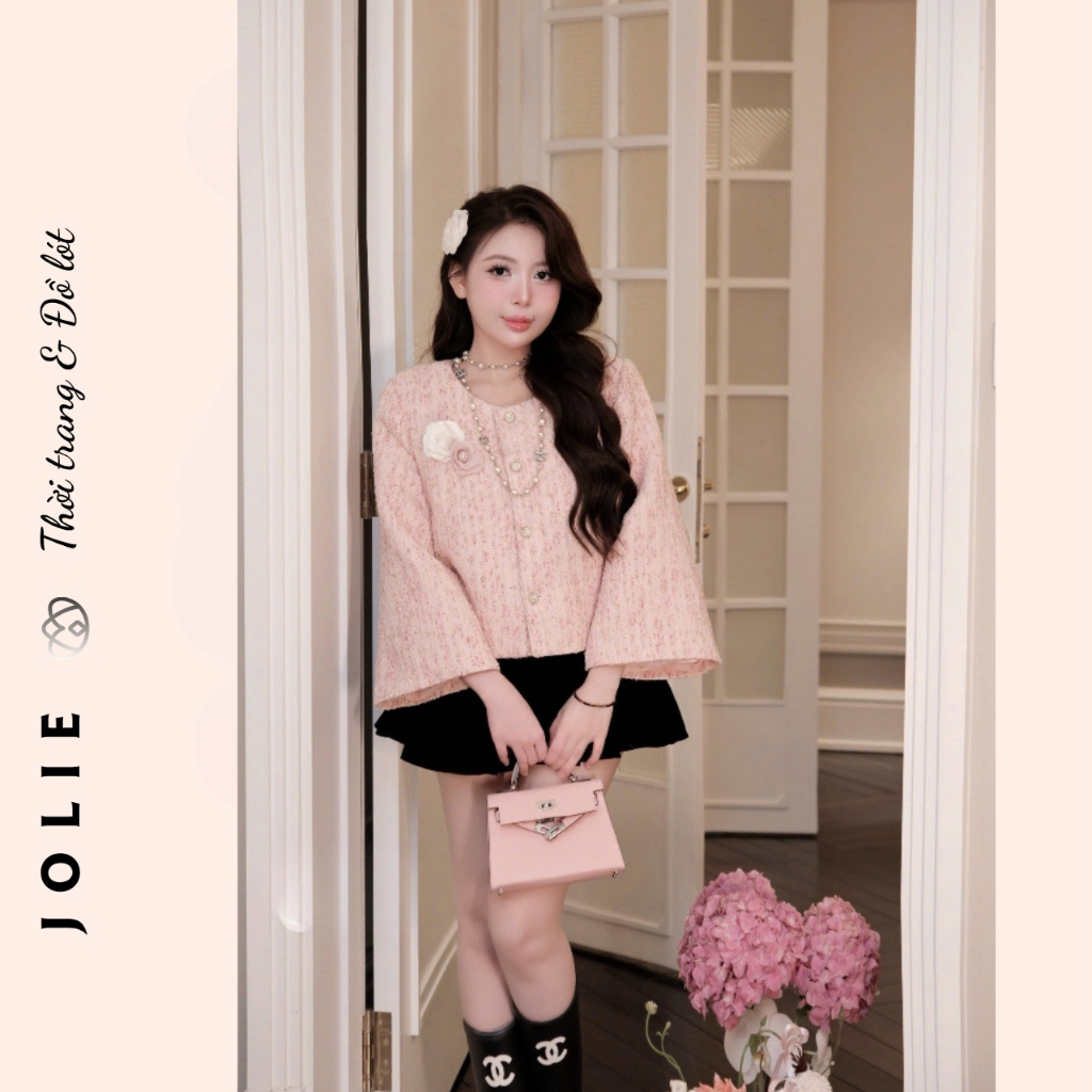 Áo khoác dạ tweed tay loe JOLIE, Áo khoác nữ dáng ngắn cúc ngọc tiểu thư sang chảnh