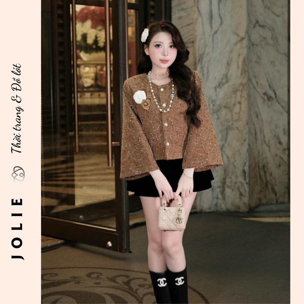 Áo khoác dạ tweed tay loe JOLIE, Áo khoác nữ dáng ngắn cúc ngọc tiểu thư sang chảnh