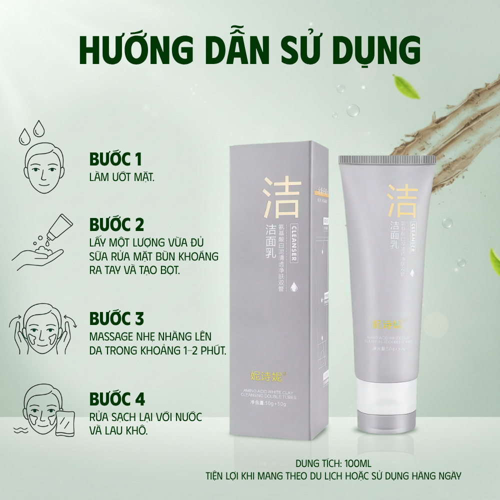 Sữa Rửa Mặt Bùn Khoáng Nishini 100ml - Làm Sạch Sâu, Giảm Mụn, Kiềm Dầu, Dưỡng Ẩm, Sáng Da - Mềm Mịn