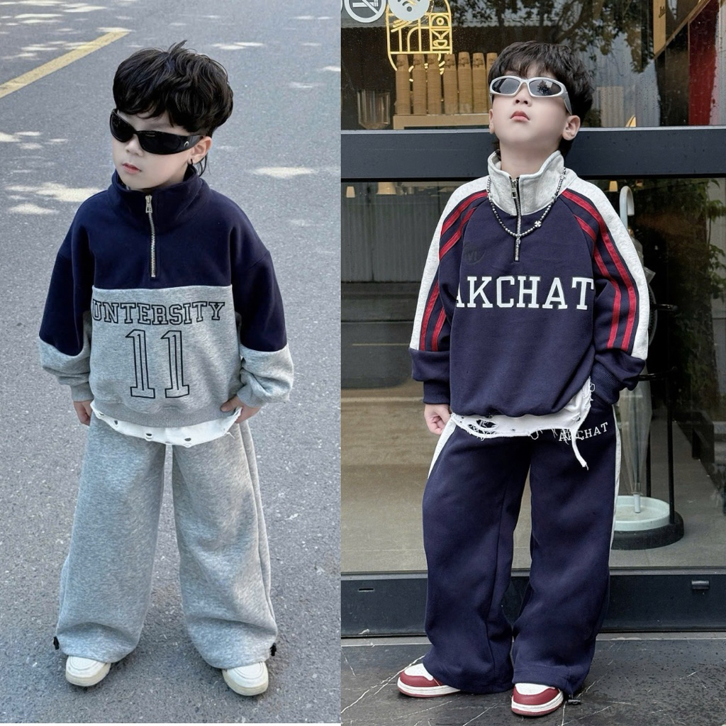 Set đồ dài tay trẻ em set bộ đồ thu đông bé trai 20-45kg mã kéo khoá