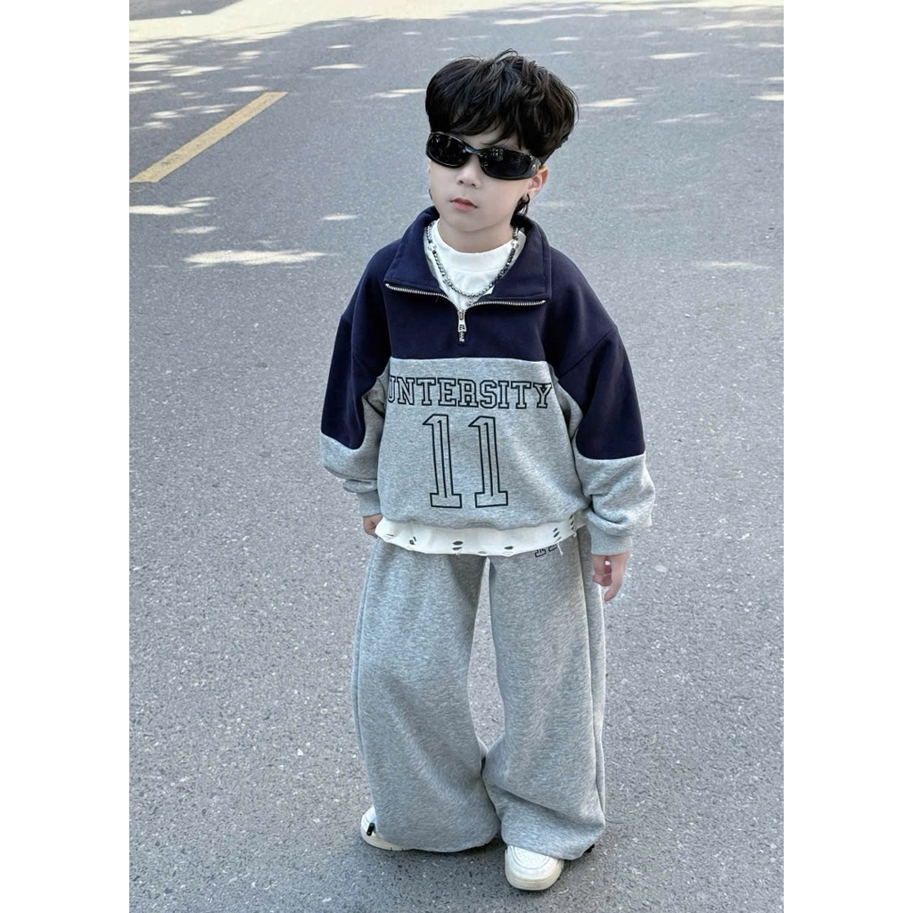 Set đồ dài tay trẻ em set bộ đồ thu đông bé trai 20-45kg mã kéo khoá