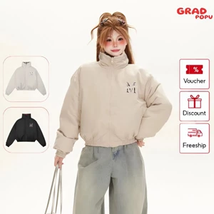 Áo khoác phao nữ GRADPOPU đệm cotton ngắn cổ đứng hai mặt mặc đảo ngược kẻ karo thể thao PAP58