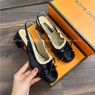 {Hàng Loại I } Giày Sandal Nữ, Giày Sục Cao Gót Đế 5p đính nơ xinh xắn phối viền ren sang chảnh QV0427