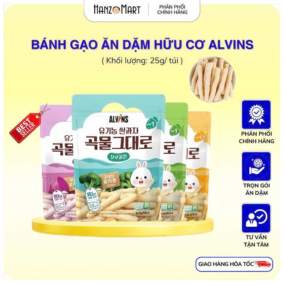 Bánh ăn dặm cho bé gạo lứt rau củ hữu cơ Alvins hình que 6m+ túi zip 25g