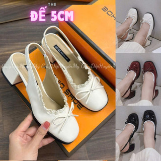 {Hàng Loại I } Giày Sandal Nữ, Giày Sục Cao Gót Đế 5p đính nơ xinh xắn phối viền ren sang chảnh QV0427