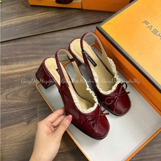 {Hàng Loại I } Giày Sandal Nữ, Giày Sục Cao Gót Đế 5p đính nơ xinh xắn phối viền ren sang chảnh QV0427