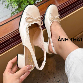 {Hàng Loại I } Giày Sandal Nữ, Giày Sục Cao Gót Đế 5p đính nơ xinh xắn phối viền ren sang chảnh QV0427