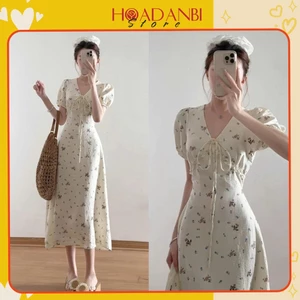 Váy hoa nhí phong cách Hàn Quốc, Váy maxi dáng dài hoa nhí cổ V phối bèo tiểu thư
