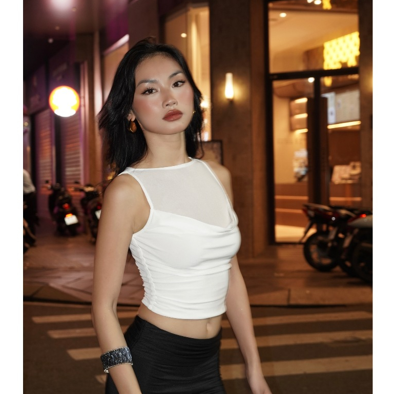 Áo ba lỗ vải mesh lưới kết hợp thun lụa Hàn form ôm chiết eo cổ đổ | 𝐛𝐚𝐧𝐚𝐧𝐚𝐛𝐮