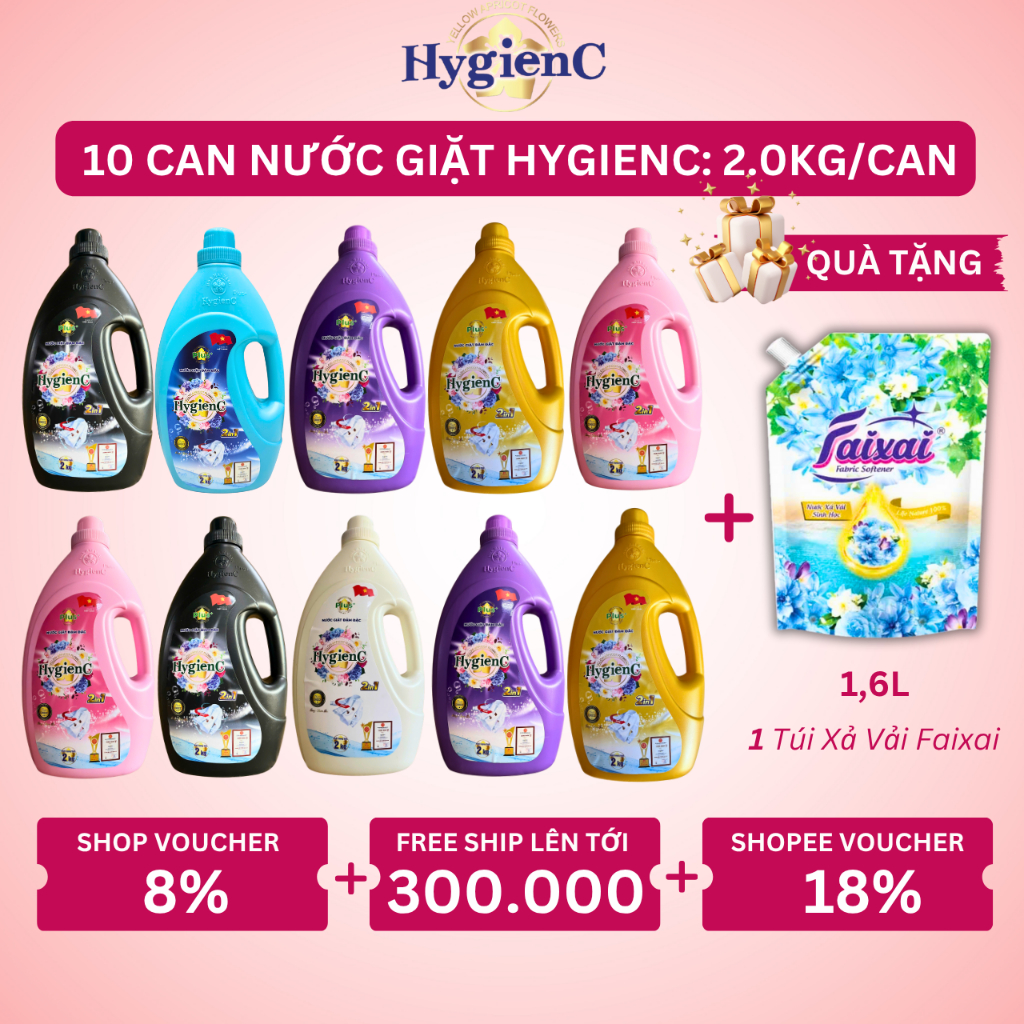 [Sỉ Thùng] Thùng 10 Can Nước Giặt HygienC Plus 2,0 Kg/Can Đậm Đặc Hương Nước Hoa - An Toàn Cho Da