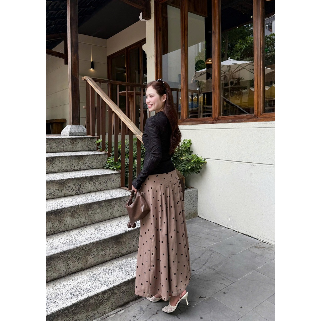 LABAVISTA Chân váy xòe xếp ly vải chéo màu nâu chấm bi có lót trong phong cách cổ điển thanh lịch