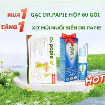 HỘP GẠC TẶNG NƯỚC MUỐI HỘP 60 GÓI - Gạc Rơ Lưỡi Dr.Papie Giúp Làm Sạch Răng, Lưỡi, Nướu và Khoang Miệng Cho Trẻ Em