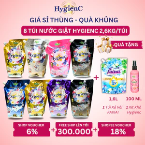 Thùng 8 Túi Nước Giặt Đậm Đặc HygienC Plus 2.6Kg/Túi - Hương Nước Hoa, Làm Sạch Vết Bẩn