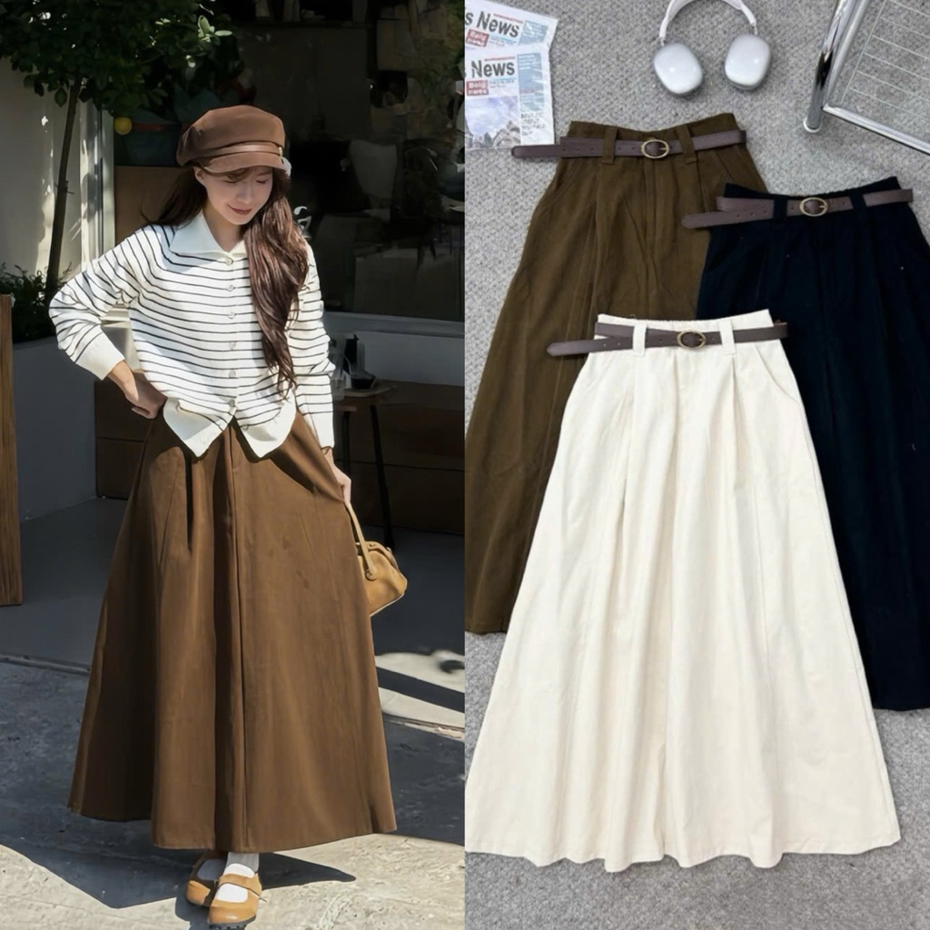 Chân váy kaki dáng xoè có túi 3 màu kèm belt the.sweaterweather TSW