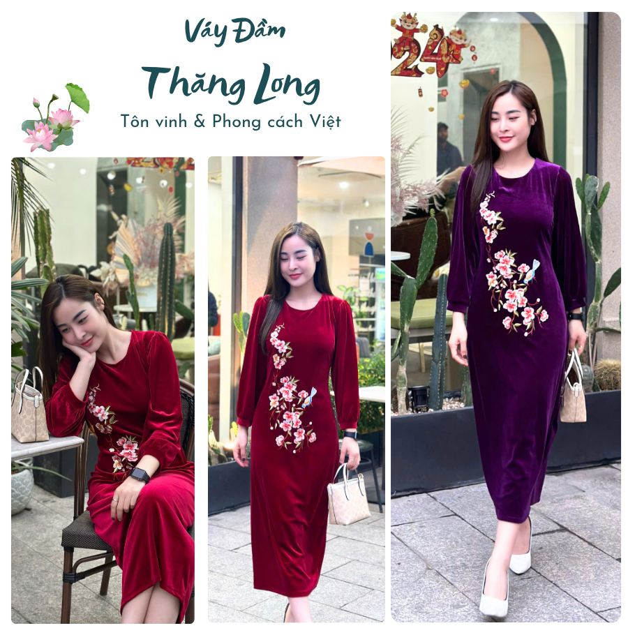 Đầm Nữ Trung Niên Cao Cấp, Đầm nhung tặng mẹ, Váy nhung tặng mẹ thiết kế thêu hoa đào sang trọng - Đầm Thăng Long