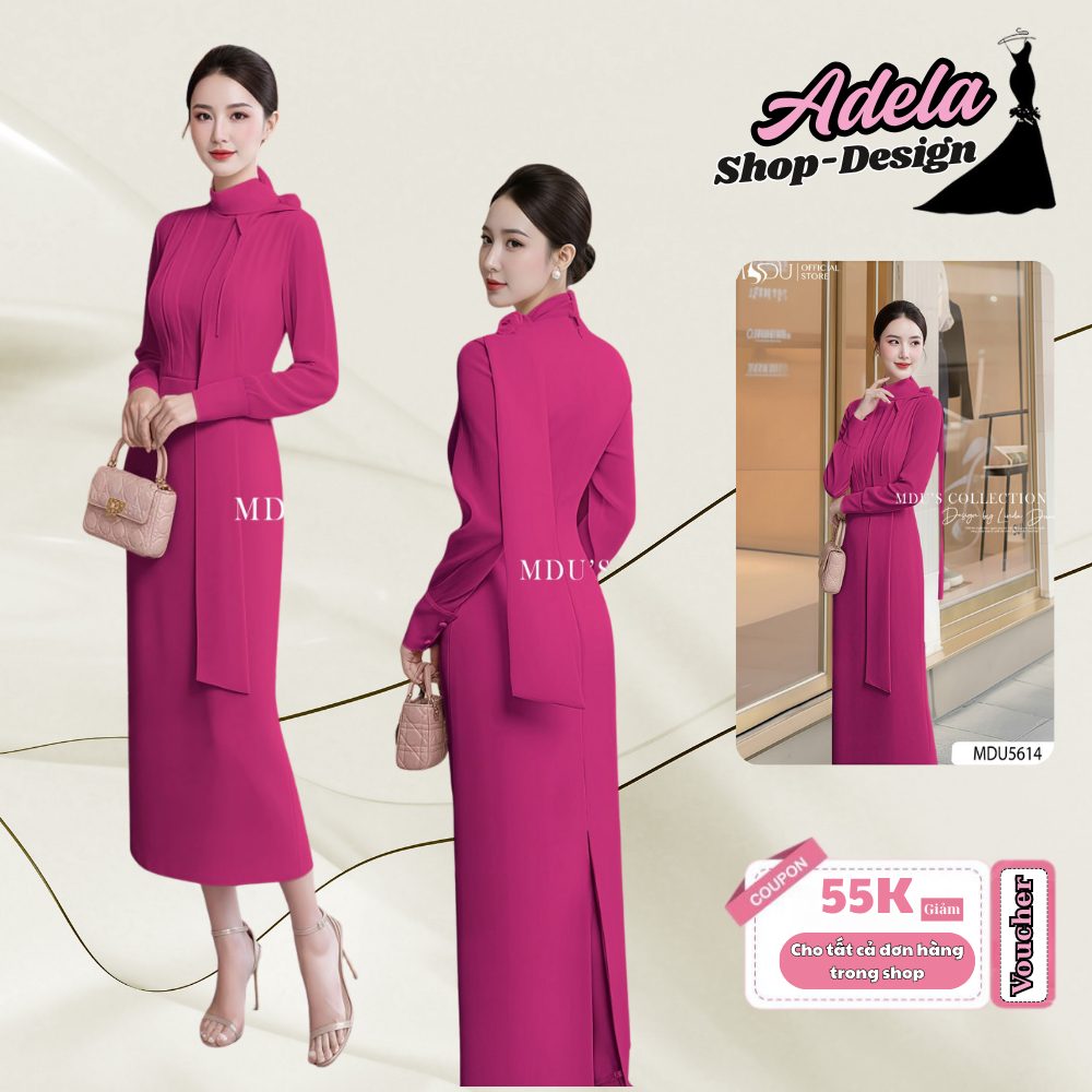 Váy Sang Trọng ADELA DESIGN Chất Lụa Ngọc Trai, Cổ Cao Cách Điệu Cùng Tay Dài Tinh Tế MDU5614