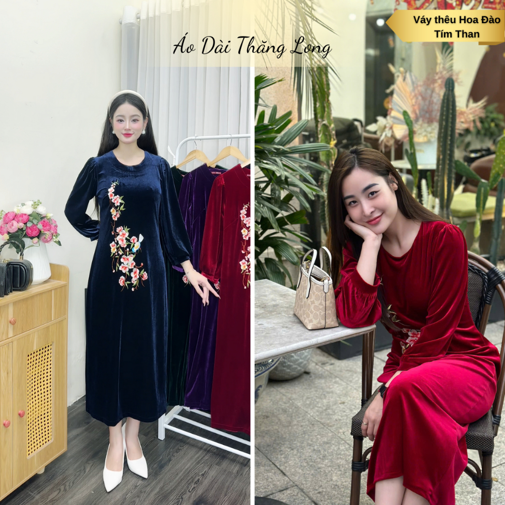 Đầm Nữ Trung Niên Cao Cấp, Đầm nhung tặng mẹ, Váy nhung tặng mẹ thiết kế thêu hoa đào sang trọng - Đầm Thăng Long