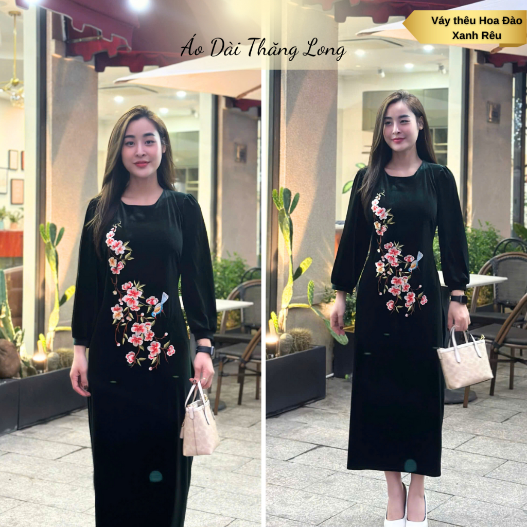 Đầm Nữ Trung Niên Cao Cấp, Đầm nhung tặng mẹ, Váy nhung tặng mẹ thiết kế thêu hoa đào sang trọng - Đầm Thăng Long