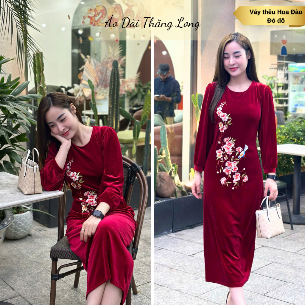 Đầm Nữ Trung Niên Cao Cấp, Đầm nhung tặng mẹ, Váy nhung tặng mẹ thiết kế thêu hoa đào sang trọng - Đầm Thăng Long
