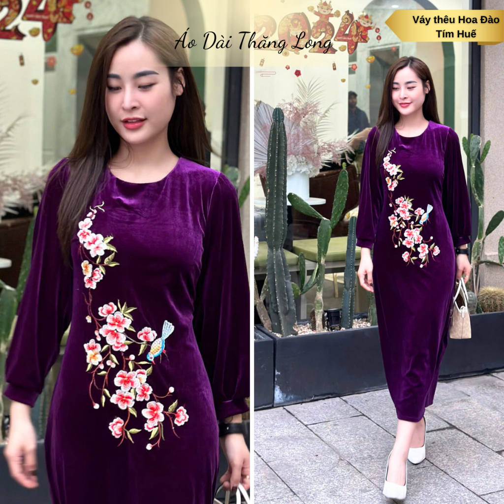 Đầm Nữ Trung Niên Cao Cấp, Đầm nhung tặng mẹ, Váy nhung tặng mẹ thiết kế thêu hoa đào sang trọng - Đầm Thăng Long