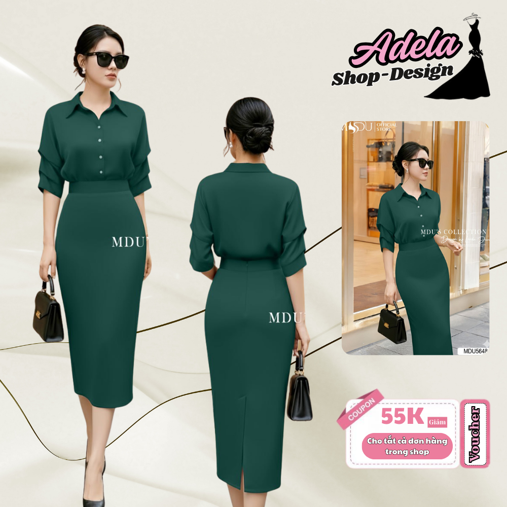 Set Áo Và Chân Váy ADELA DESIGN Chất Liệu Lụa Ngọc Trai Cao Cấp Tay Lửng Xếp Ly Duyên Dáng MDU5648