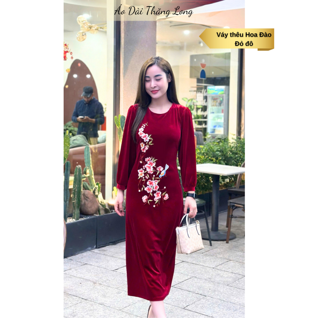 Đầm Nữ Trung Niên Cao Cấp, Đầm nhung tặng mẹ, Váy nhung tặng mẹ thiết kế thêu hoa đào sang trọng - Đầm Thăng Long