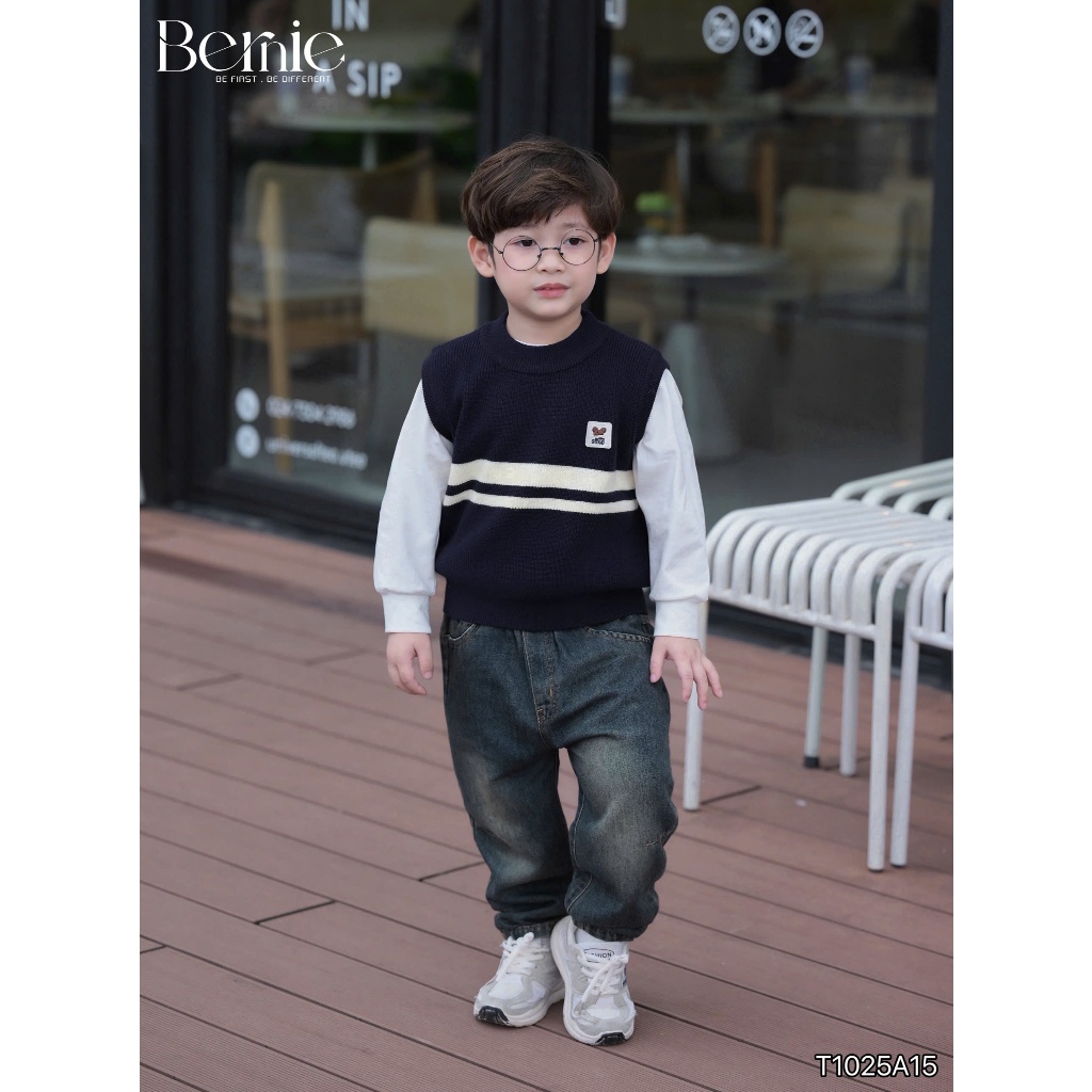 Áo gile len tag gấu Bernie chất liệu len lông thỏ co giãn mềm mịn cho bé trai 9-24kg