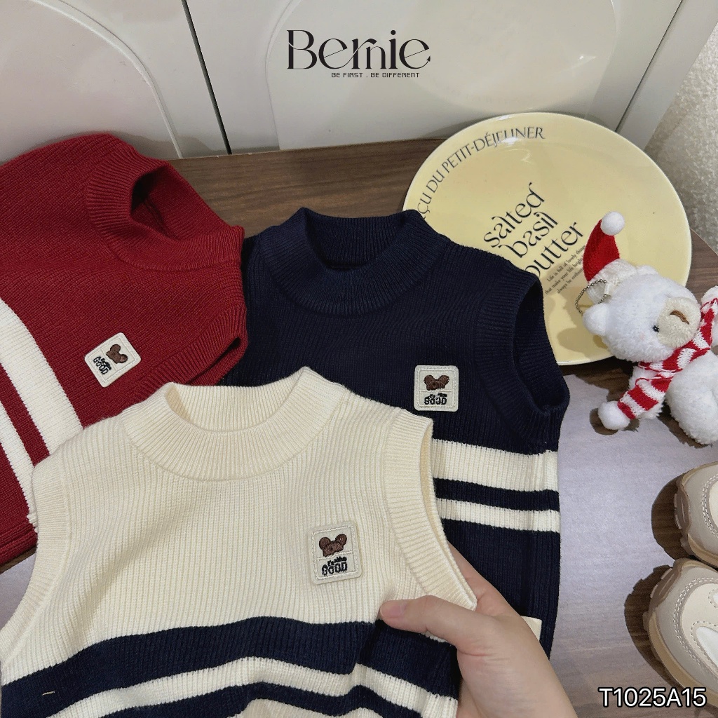 [Chính hãng bernie] Áo gile len bé trai đính tag gấu xinh xắn cho bé, áo gile len giữ ấm T1025A15