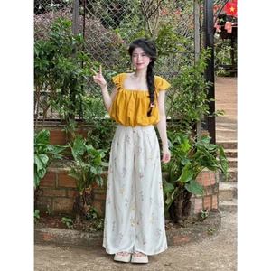 set áo kiểu tay hến thắt nơ + quần suông in hoa đẹp siêu sang chảnh