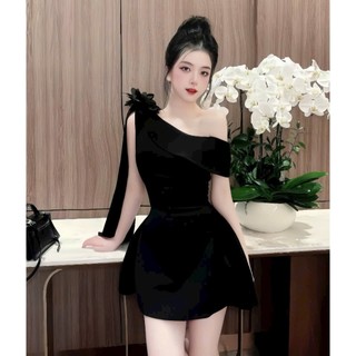 Đầm thời trang nữ style hàn quốc chất mango lệch vai đính hoa tạo điểm nhấn váy dáng ngắn xòe trang nhã mẫu mã mới