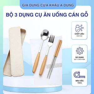 Bộ 3 Dụng Cụ Ăn Uống Muỗng Nĩa Đũa Cán Gỗ Kèm Hộp Bảo Quản Tiện Lợi
