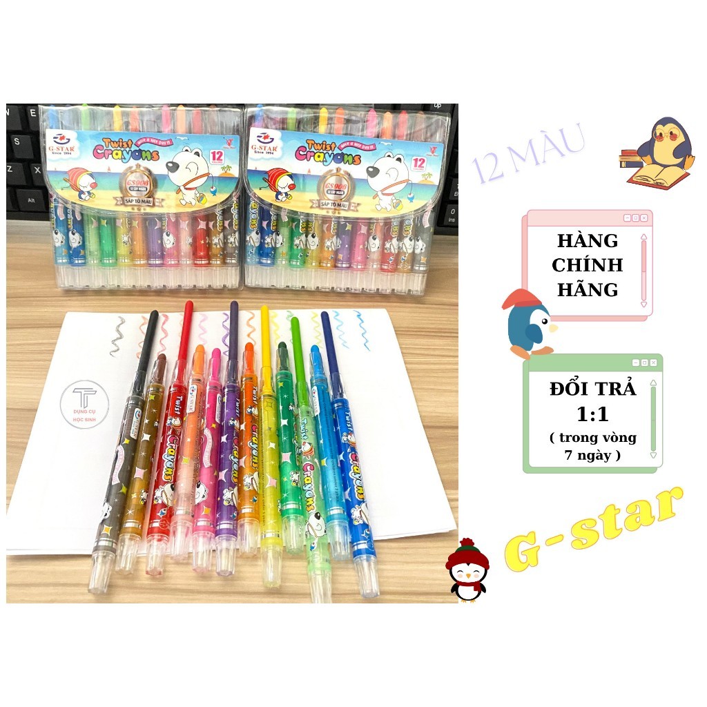 Vỉ 12 cây bút sáp tô màu dạng vặn có hình trên thân GS-906 hiệu GSTAR chính hãng, tiện lợi