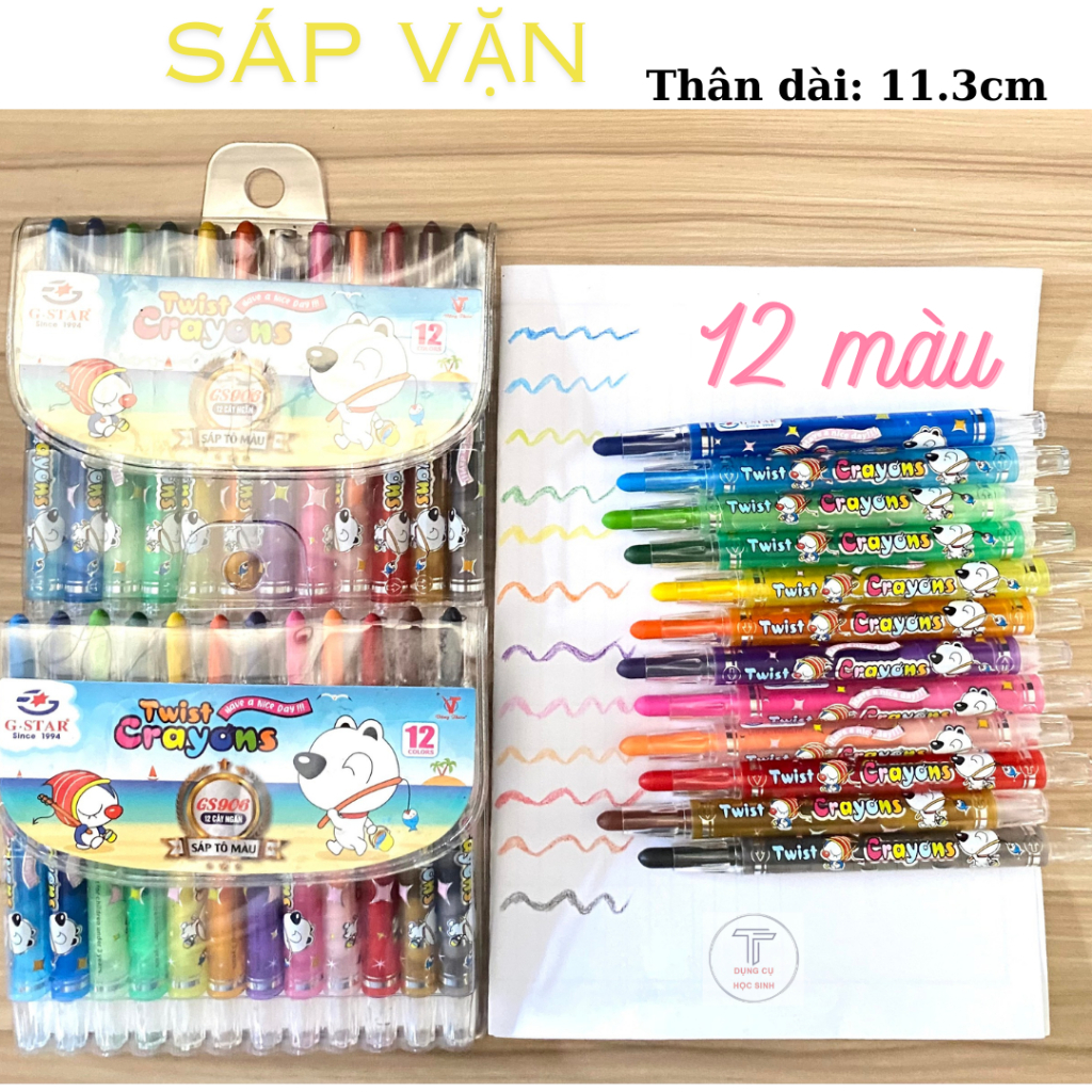 Vỉ 12 cây bút sáp tô màu dạng vặn có hình trên thân GS-906 hiệu GSTAR chính hãng, tiện lợi