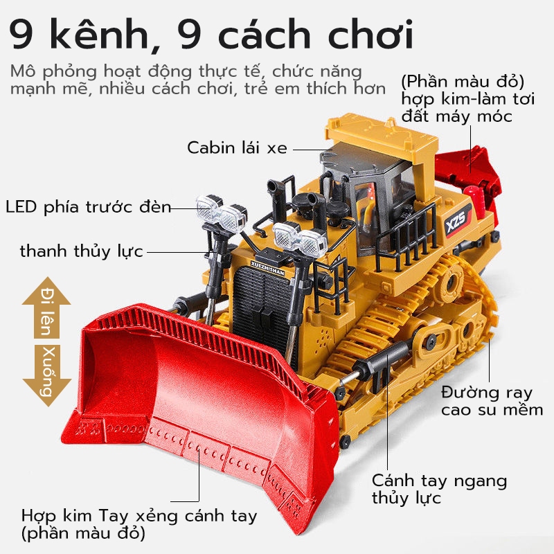 Máy xúc hợp kim 9 kênh, xe xây dựng đồ chơi điều khiển từ xa，Xe được trang bị pin sạc, âm thanh động cơ và đèn pha.