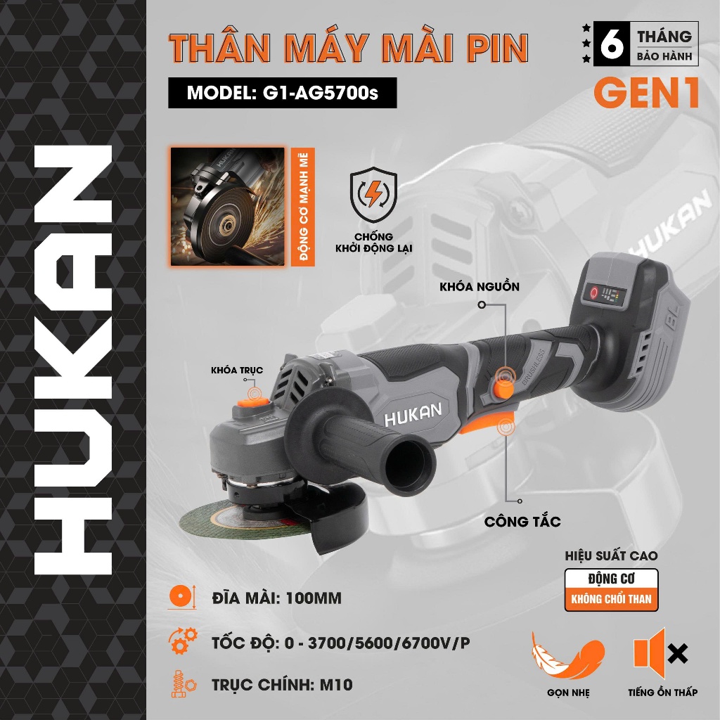 Máy mài pin HUKAN G1-AG5700s, Không chổi than 3 Tốc độ Công tắc bụng, CHỐNG KHỞI ĐỘNG LẠI