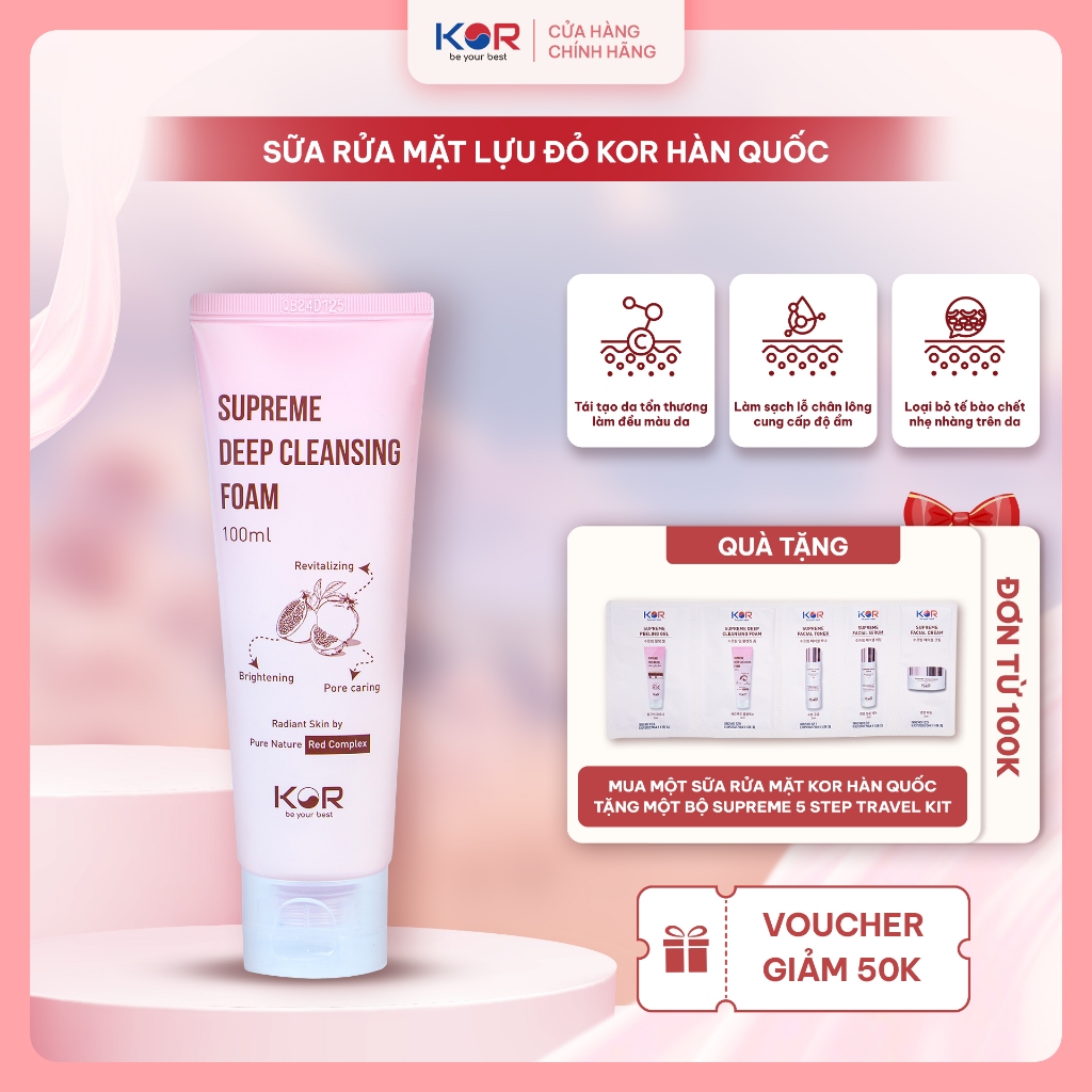 Sữa rửa mặt KOR Supreme Deep Cleansing Foam 100ml – Lựu đỏ Jeju, làm sạch sâu bụi mịn, dưỡng sáng da ( Tăng bộ Kit)