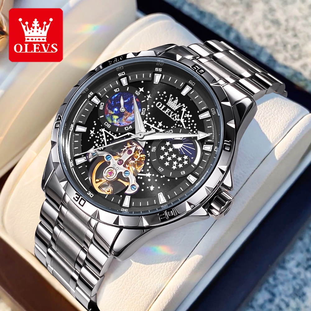 OLEVS Đồng hồ cơ Nam Chính hãng dây đeo bằng thép không gỉ Độ chính xác Chống nước Đa chức năng 6689