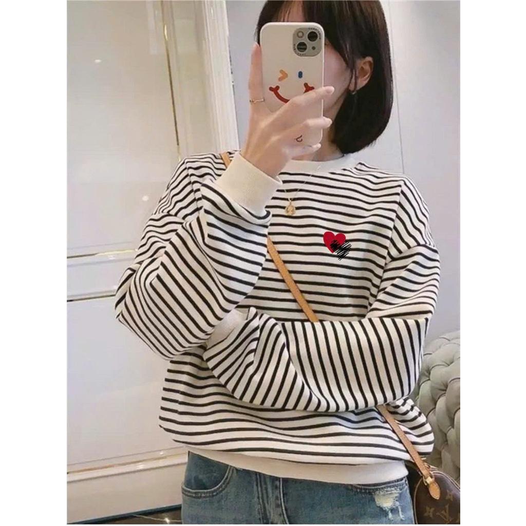 Áo dài tay kẻ Sọc Hoddie in hình siêu xinh JULY FASHION, Áo Sweater kẻ sọc hottrend 2025, chất cotton 2c dày dặn