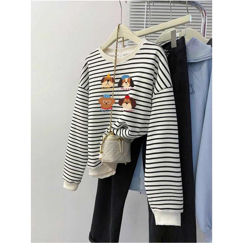 Áo dài tay kẻ Sọc Hoddie in hình siêu xinh JULY FASHION, Áo Sweater kẻ sọc hottrend 2025, chất cotton 2c dày dặn