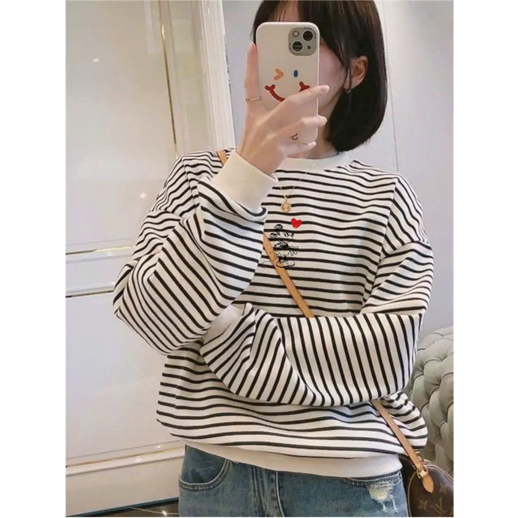Áo dài tay kẻ Sọc Hoddie in hình siêu xinh JULY FASHION, Áo Sweater kẻ sọc hottrend 2025, chất cotton 2c dày dặn