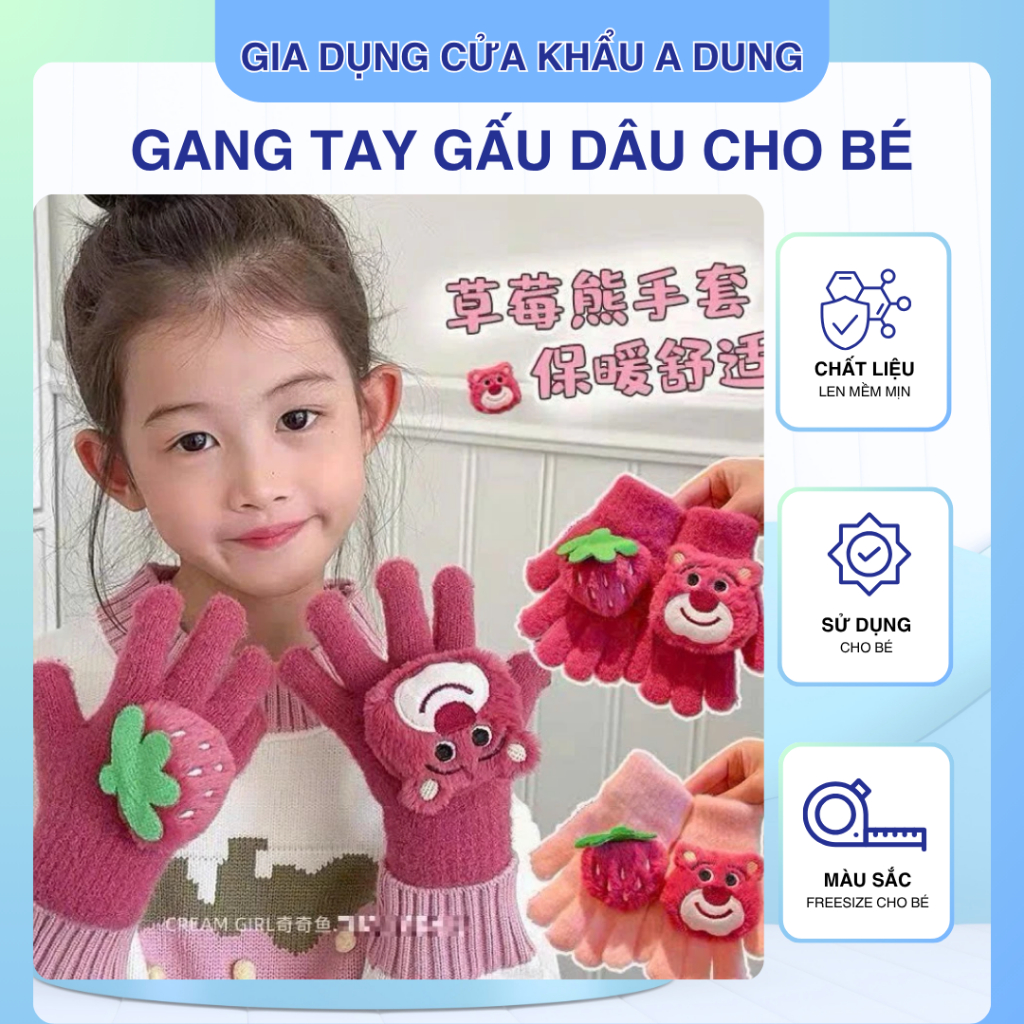Găng tay len gấu dâu 3D cho bé ấm áp cho mùa đông