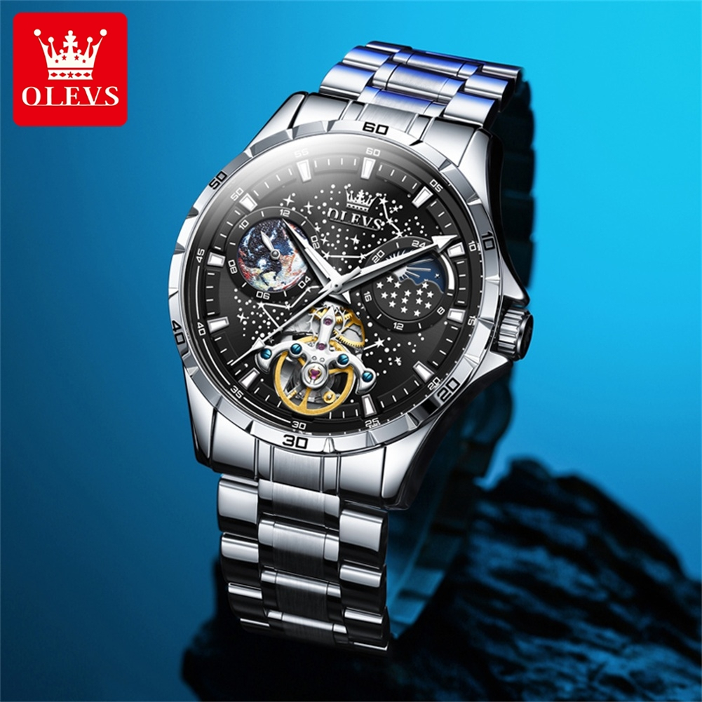 OLEVS Đồng hồ cơ Nam Chính hãng dây đeo bằng thép không gỉ Độ chính xác Chống nước Đa chức năng 6689