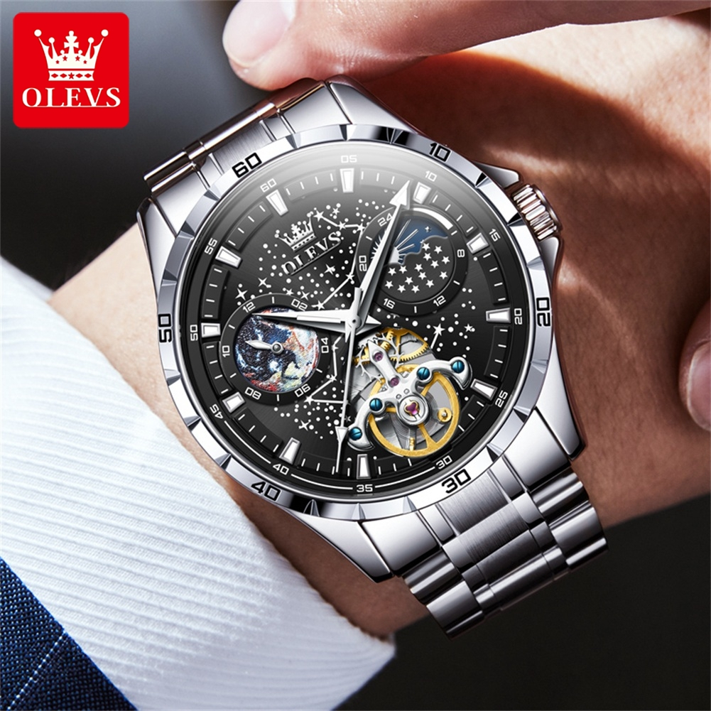 OLEVS Đồng hồ cơ Nam Chính hãng dây đeo bằng thép không gỉ Độ chính xác Chống nước Đa chức năng 6689