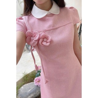 Đầm thời trang nữ phong cách pastel ngọt ngào chất dạ tay ngắn cổ bèo họa tiết đính hoa nhẹ nhàng váy dáng ngắn xòe nhẹ