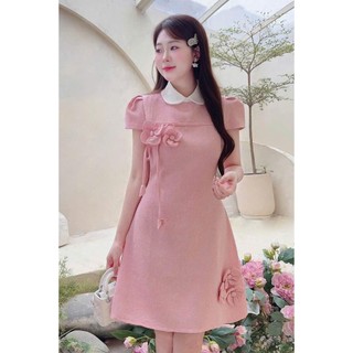 Đầm thời trang nữ phong cách pastel ngọt ngào chất dạ tay ngắn cổ bèo họa tiết đính hoa nhẹ nhàng váy dáng ngắn xòe nhẹ