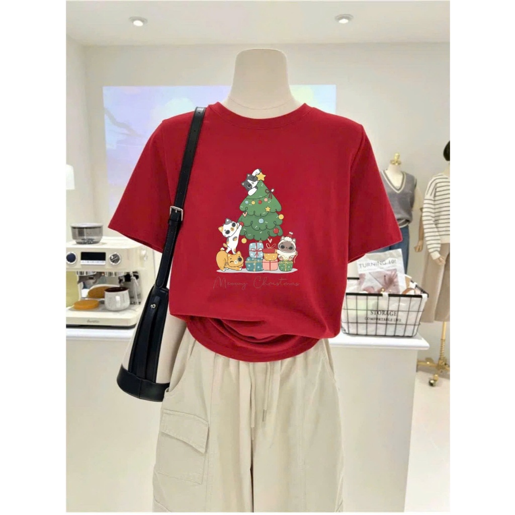 Áo thun Cotton in hình Giáng sinh, Áo ngắn tay, Áo phông nữ Noel JULY FASHION, Chất cotton dày dặn, mát mẻ