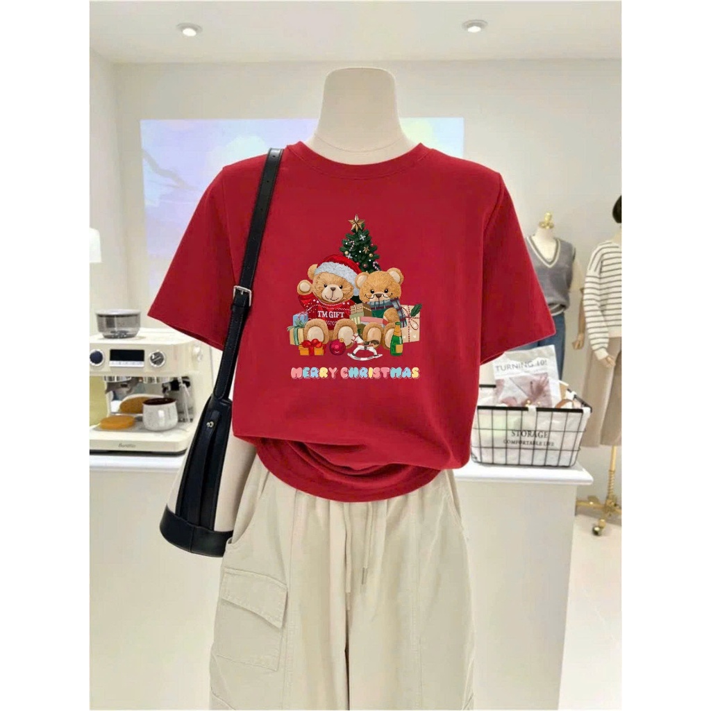 Áo thun Cotton in hình Giáng sinh, Áo ngắn tay, Áo phông nữ Noel JULY FASHION, Chất cotton dày dặn, mát mẻ