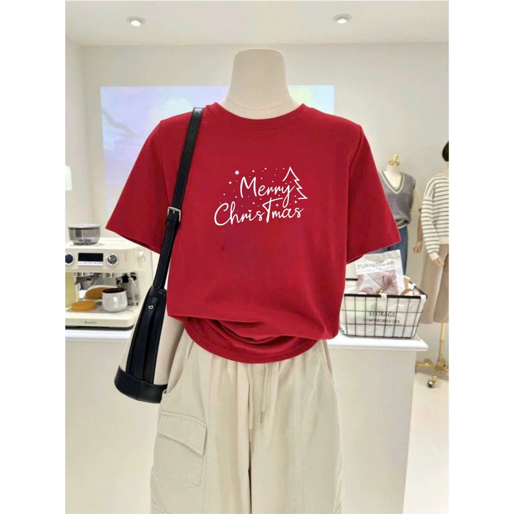 Áo thun Cotton in hình Giáng sinh, Áo ngắn tay, Áo phông nữ Noel JULY FASHION, Chất cotton dày dặn, mát mẻ