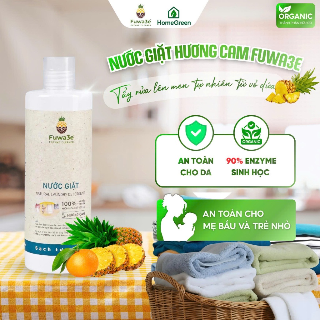 Nước giặt sinh học Fuwa3e Enzyme hương cam an toàn cho bé dịu lành cho da dung tích 500ml
