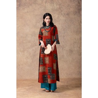 SWANLAKE | Áo Dài Nữ Cách Tân Cổ Vân Phom Suông Tay Lỡ Xẻ Vải Linen In Thổ Cẩm Độc Đáo Tết L13197